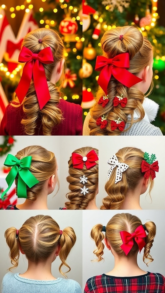 Creative Christmas Hairstyles for Festive Celebrations A collage of unique Christmas hairstyles with ribbons and ornaments in a festive setting.